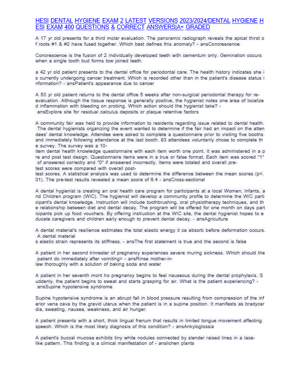 2024 HESI Dental Hygiene Exam: 400 Actual Practice Questions & Verified Answers (Guaranteed A+)