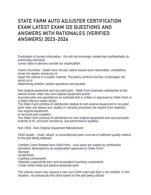 STATE FARM AUTO ADJUSTER CERTIFICATION EXAM LATEST EXAM 120 QUESTIONS AND ANSWERS WITH RATIONALES (V