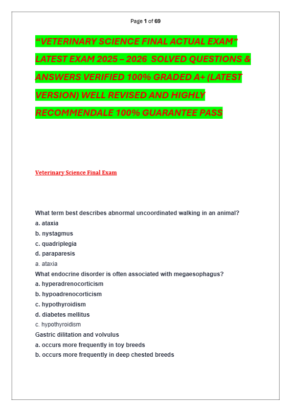 “VETERINARY SCIENCE FINAL ACTUAL EXAM”  LATEST EXAM 2025 – 2026  SOLVED QUESTIONS &   ANSWERS VERIFI