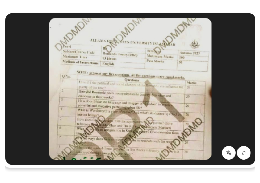 AIOU BS English Semester 5 Exam Paper with Questions
