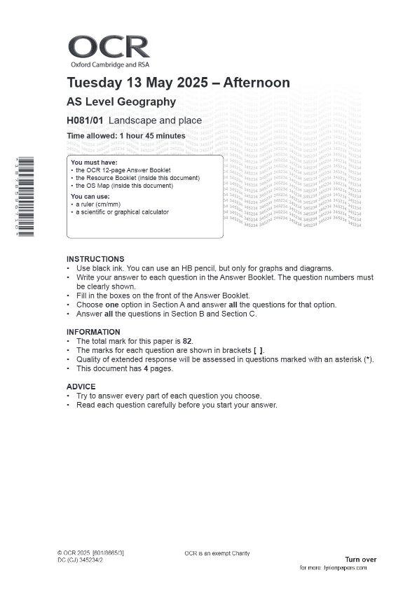OCR AS Level Geography H081/01 Landscape and place June 2025