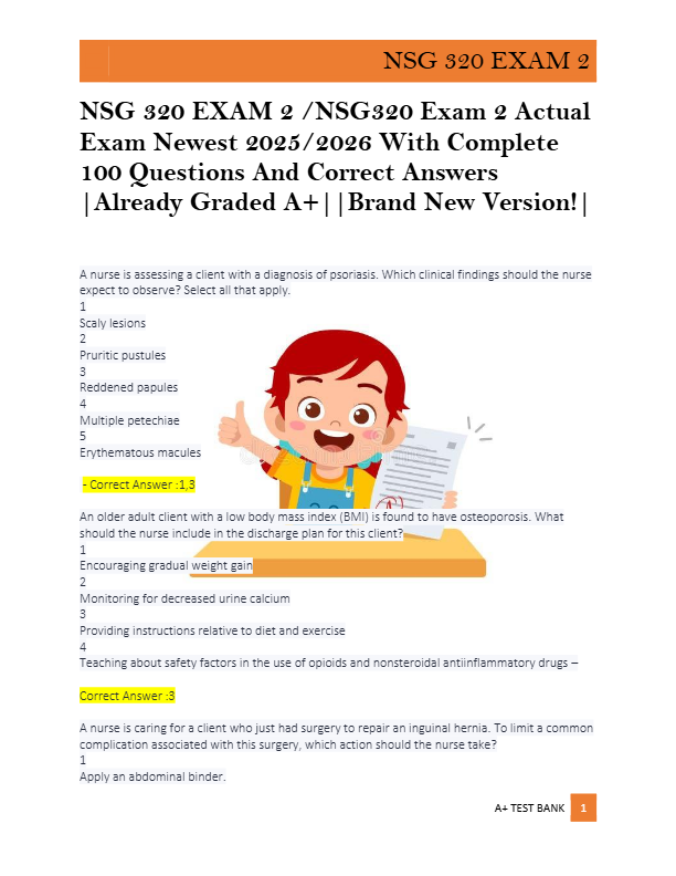 NSG 320 EXAM 2 /NSG320 Exam 2 Actual  Exam Newest 2025/2026 With Complete  100 Questions And Correct