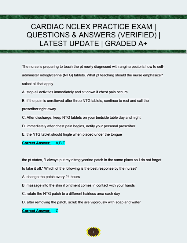 2025 Cardiac NCLEX Practice Exam: Verified Questions & Answers | Graded A+