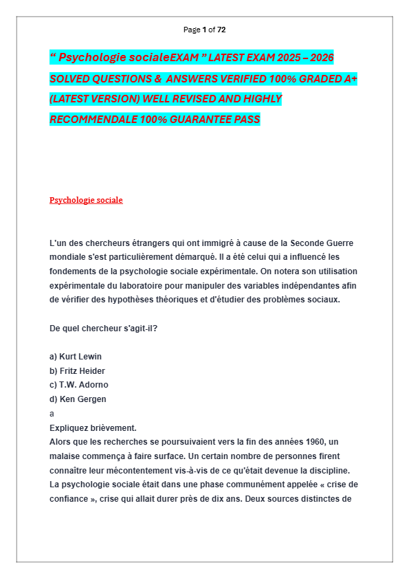 “ Psychologie socialeEXAM ” LATEST EXAM 2025 – 2026  SOLVED QUESTIONS &  ANSWERS VERIFIED 100% GRADE