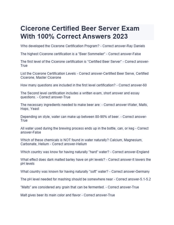 Cicerone Certified Beer Server Exam  With 100% Correct Answers 2026
