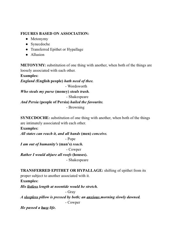 Figures of speech based on association: metonymy, synecdoche, transferred epithet, allusion