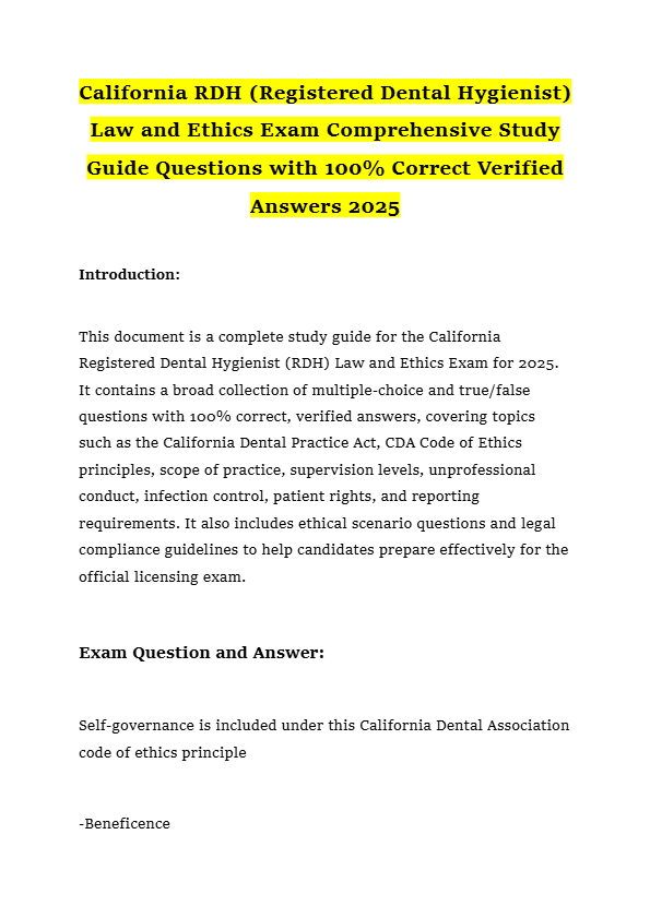 California RDH (Registered Dental Hygienist) Law and Ethics Exam Comprehensive Study Guide Questions