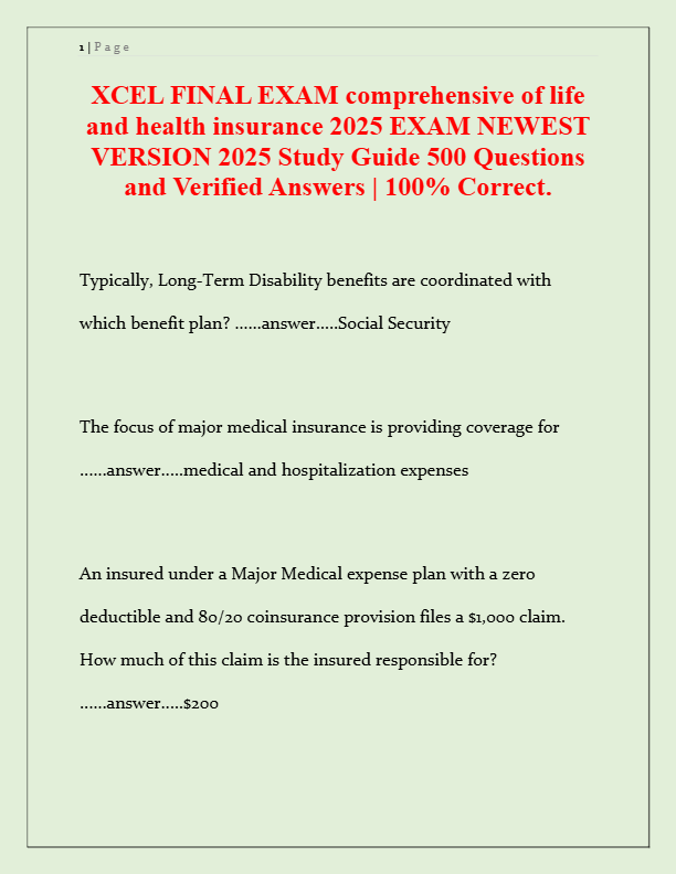 XCEL Final Exam 2025: Comprehensive Life & Health Insurance Study Guide | 500 Questions & Verified A