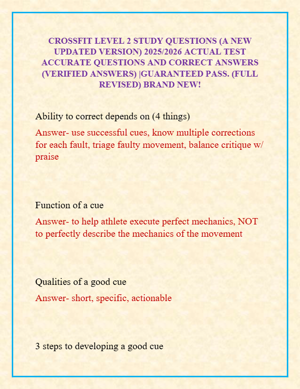 CROSSFIT LEVEL 2 STUDY QUESTIONS (A NEW  UPDATED VERSION) 2025/2026 ACTUAL TEST  ACCURATE QUESTIONS