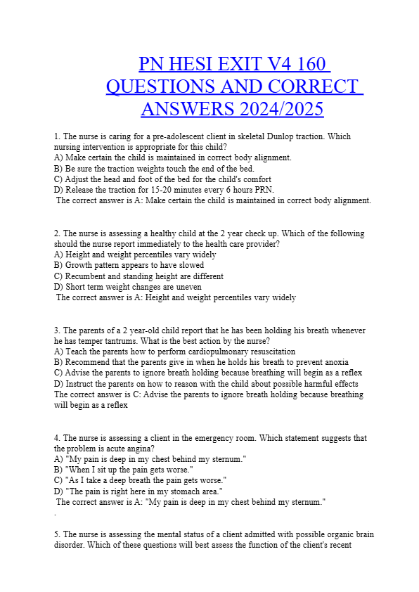 PN HESI EXIT V4 160  QUESTIONS & CORRECT  ANSWERS 2024/2025