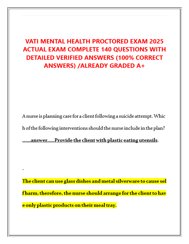 VATI Mental Health Proctored Exam 2025: 140 Questions with Verified Answers | Graded A+