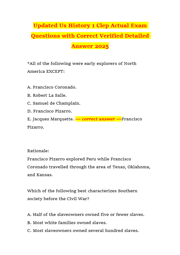 Updated Us History 1 Clep Actual Exam Questions with Correct Verified Detailed Answer 2025