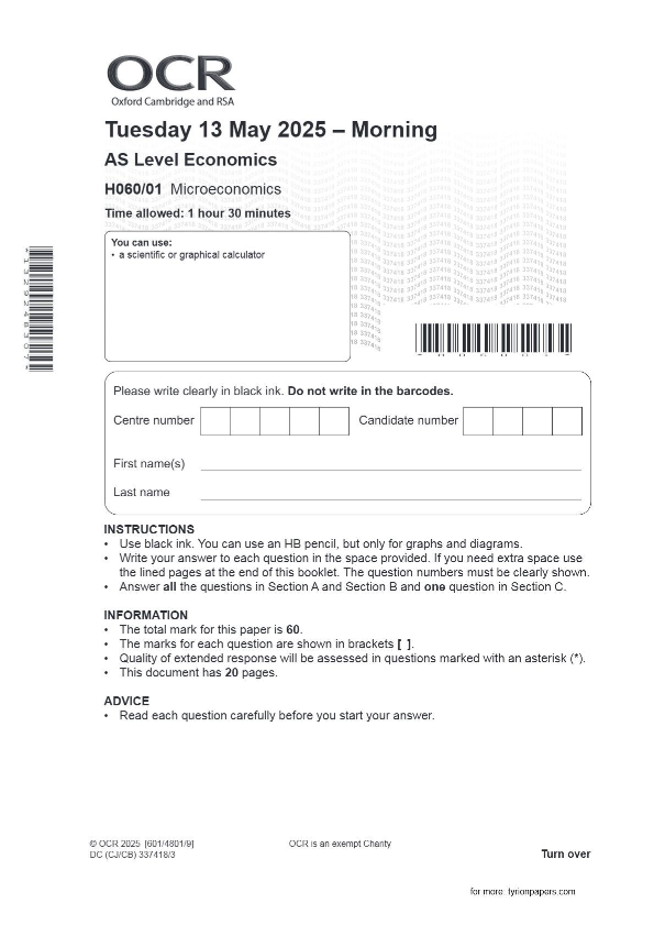 OCR AS Level Economics H060/01 Microeconomics June 2025
