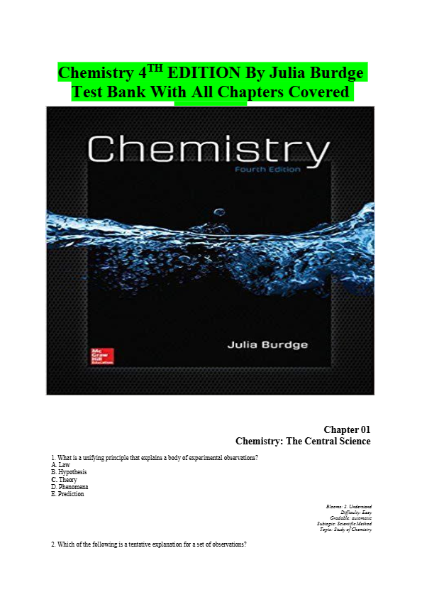 Chemistry 4TH EDITION By Julia Burdge  Test Bank With All Chapters Covered