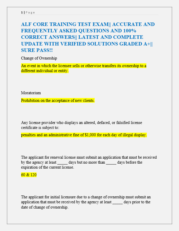 ALF CORE TRAINING TEST EXAM|| ACCURATE AND  FREQUENTLY ASKED QUESTIONS AND 100%  CORRECT ANSWERS|| L