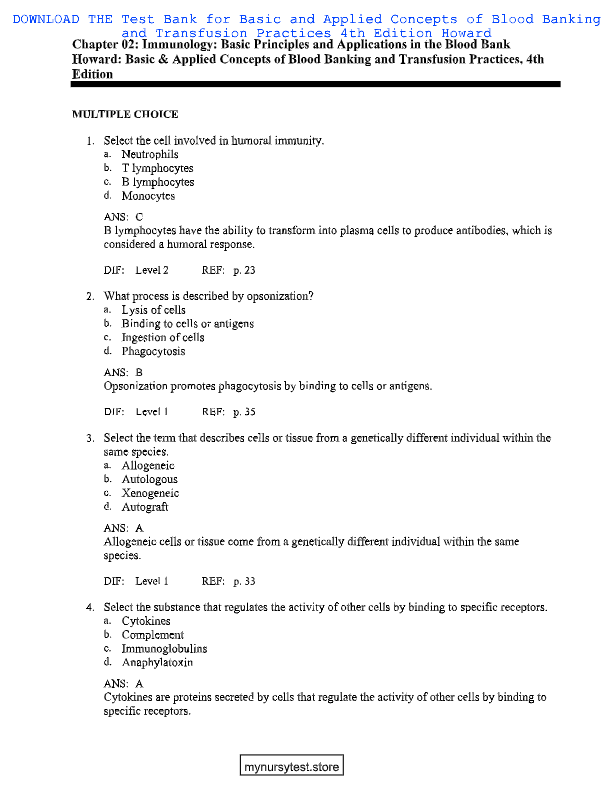 Basic & Applied Concepts of Blood Banking & Transfusion Practices 5th Edition Test Bank | Paula R. H