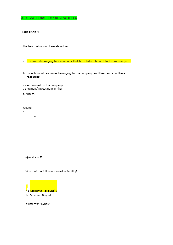 ACC 290 FINAL EXAM GRADED A