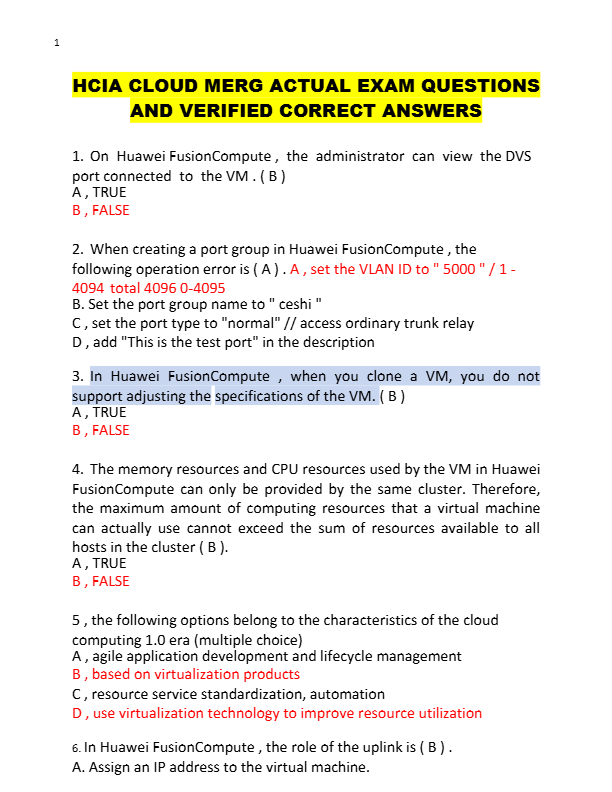 HCIA CLOUD MERG ACTUAL EXAM QUESTIONS  AND VERIFIED CORRECT ANSWERS
