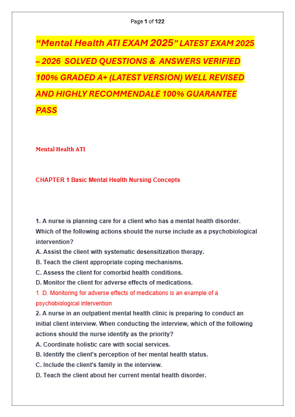 “Mental Health ATI EXAM 2025” LATEST EXAM 2025 – 2026  SOLVED QUESTIONS &  ANSWERS VERIFIED  100% GR