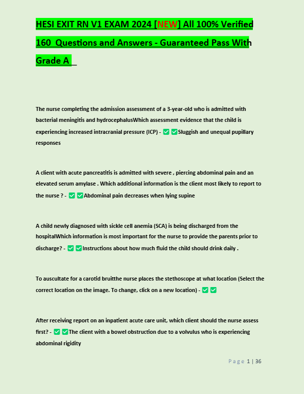 HESI EXIT RN V1 EXAM 2024 [NEW] All 100% Verified  160  Questions and Answers - Guaranteed Pass