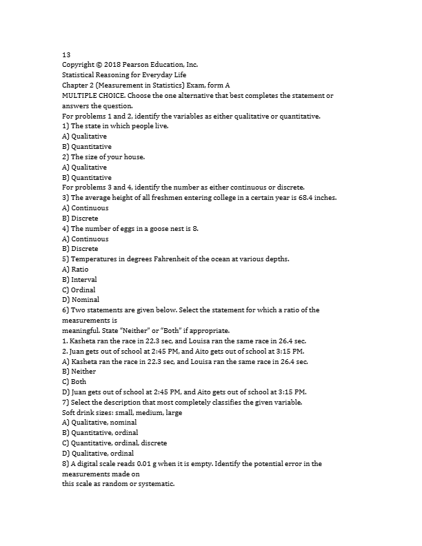 Statistical Reasoning for Everyday Life 5th Edition Test Bank | Chapters 1–10 | Bennett, Briggs, Tri