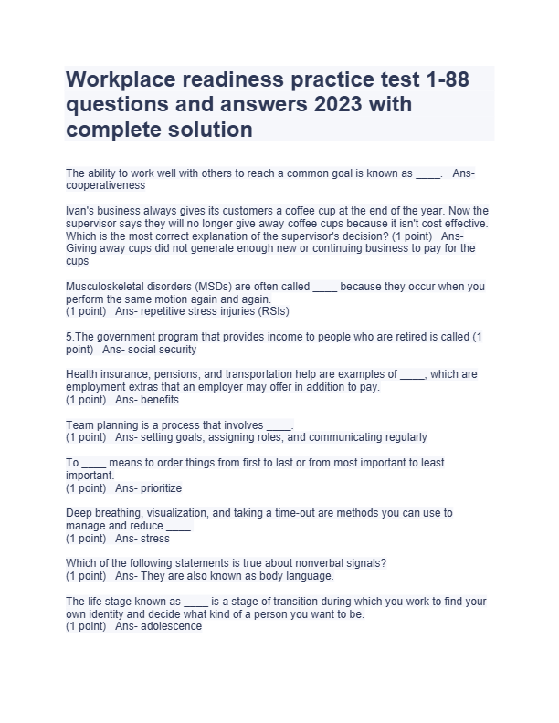 Virginia Workplace Readiness Skills Test 2025 – Revised Practice Questions & 100% Correct Answers
