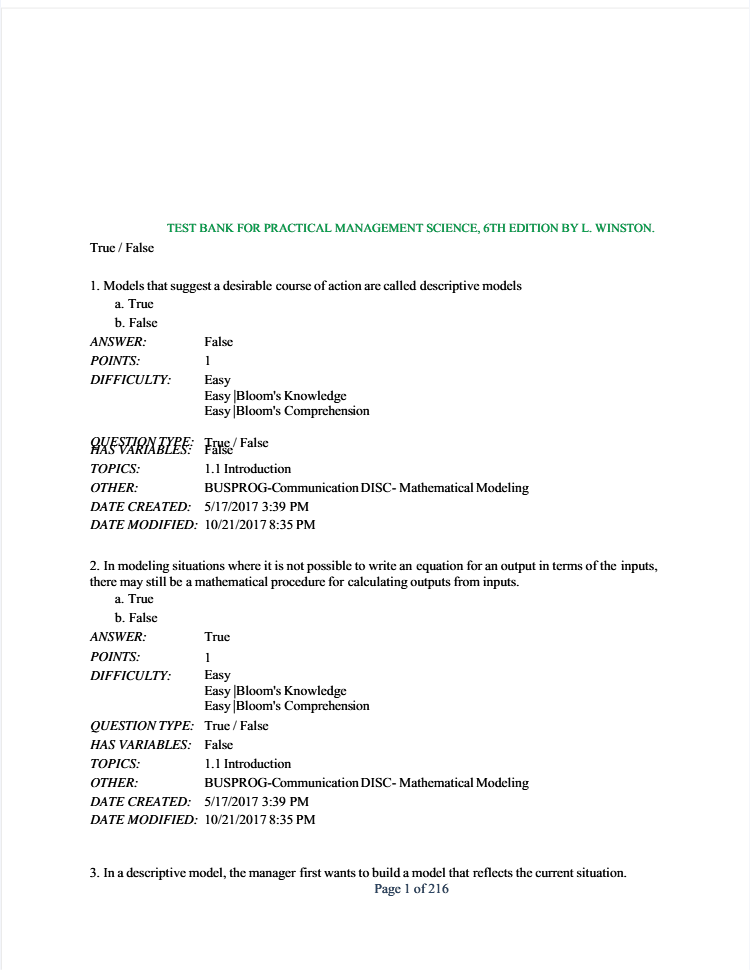 Test Bank For Practical Management Science 6th Edition by L. Winston