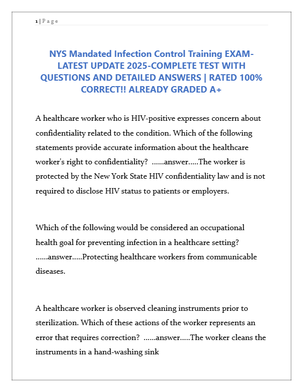 NYS Mandated Infection Control Training Exam 2025 | Complete Study Guide with Verified Answers