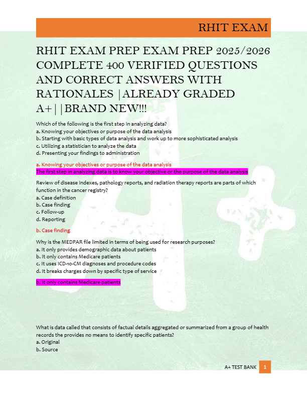 RHIT EXAM PREP EXAM PREP 2025/2026  COMPLETE 400 VERIFIED QUESTIONS  AND CORRECT ANSWERS