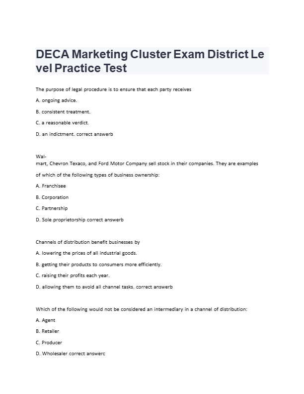 DECA Marketing Cluster Exams 1 & 2 – 2024 Practice Tests | 200 Questions & Answers with Rationales |