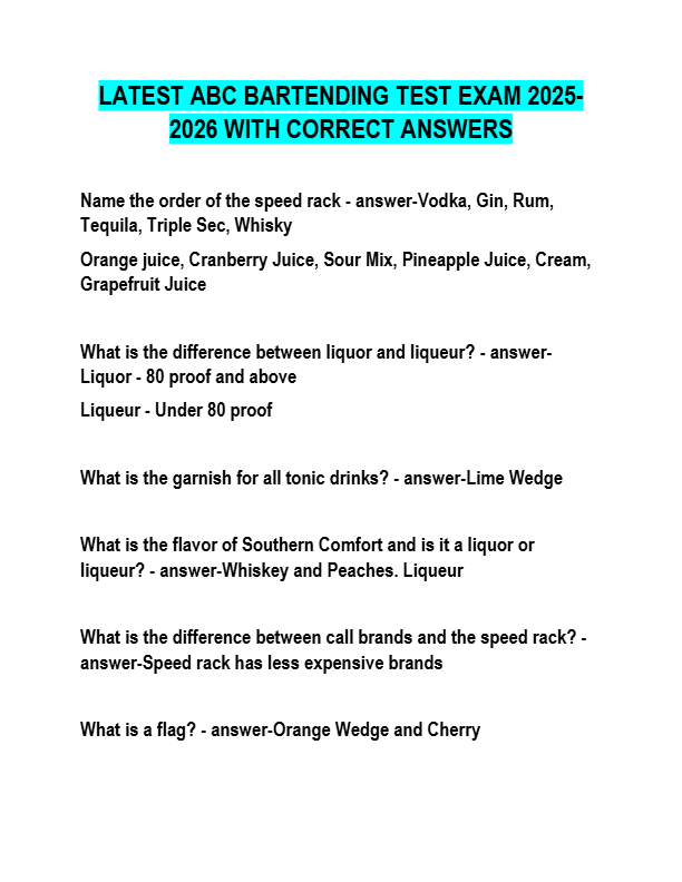 LATEST ABC BARTENDING TEST EXAM 2025 2026 WITH CORRECT ANSWERS