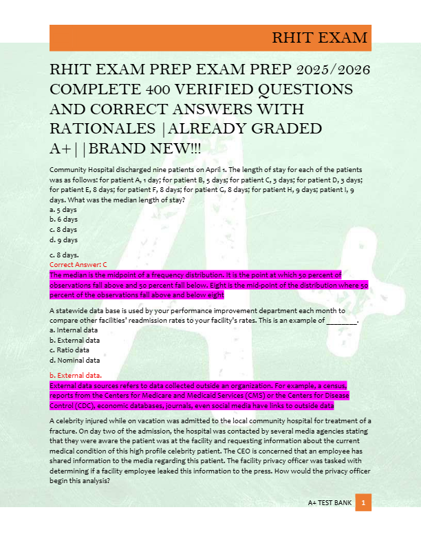 RHIT EXAM PREP EXAM PREP 2025/2026  COMPLETE 400 VERIFIED QUESTIONS  AND CORRECT ANSWERS WITH  RATIO