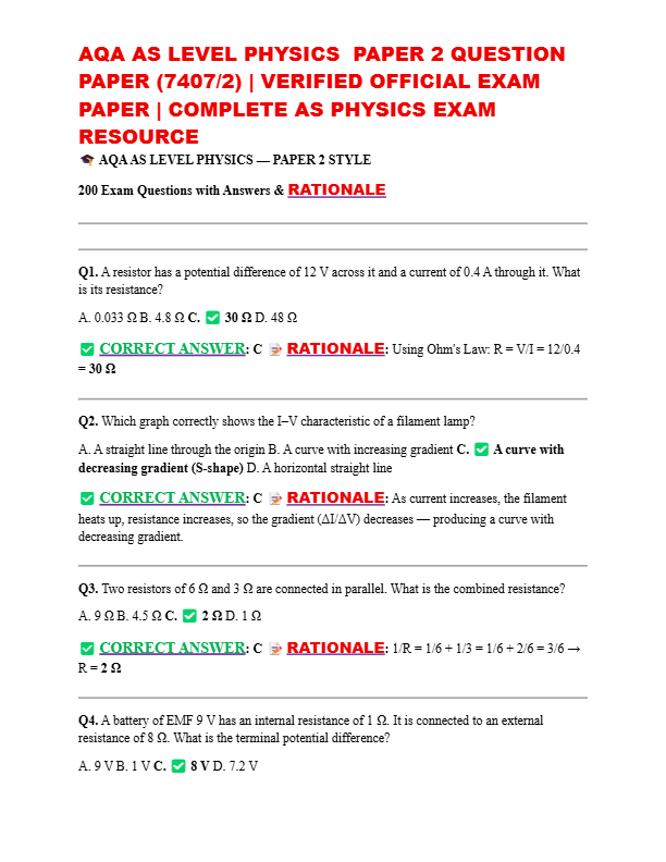 AQA AS LEVEL PHYSICS PAPER 2 QUESTION PAPER (7407/2) | VERIFIED OFFICIAL EXAM PAPER | COMPLETE
