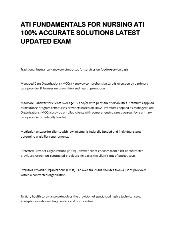 ATI FUNDAMENTALS FOR NURSING ATI  100% ACCURATE SOLUTIONS LATEST  UPDATED EXAM
