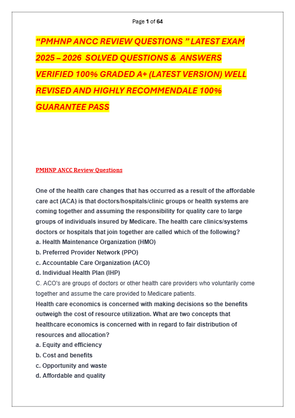 “PMHNP ANCC REVIEW QUESTIONS ” LATEST EXAM  2025 – 2026  SOLVED QUESTIONS &  ANSWERS  VERIFIED 100%