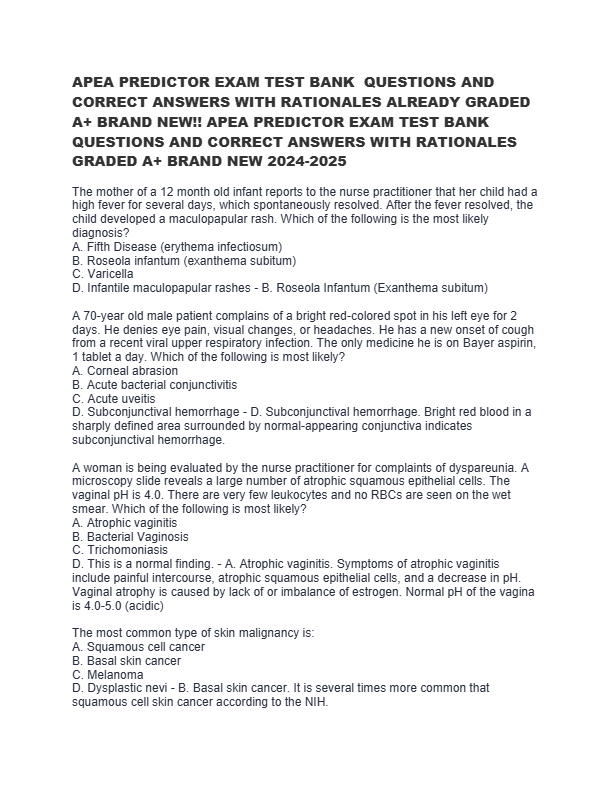 APEA PREDICTOR EXAM TEST BANK  QUESTIONS AND CORRECT ANSWERS WITH RATIONALES ALREADY GRADED A+ BRAND