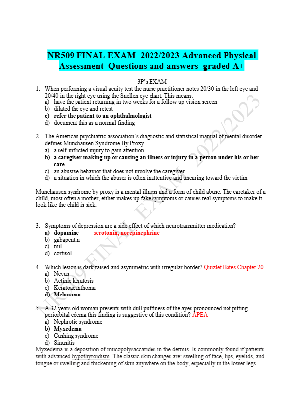 NR509 FINAL EXAM  2025/2026 Advanced Physical  Assessment  Questions and answers  graded A+