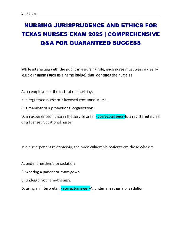 Texas Nursing Jurisprudence & Ethics Exam Prep 2025–2026: Q&A with 100% Correct Answers | Guaranteed