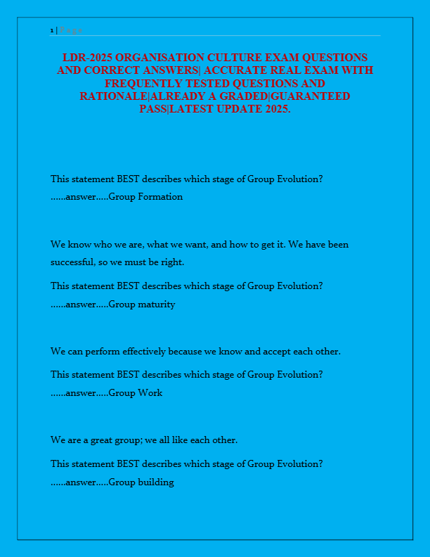 LDR-2025 Organizational Culture Exam – Complete Questions & Verified Answers | Guaranteed Pass
