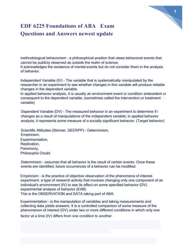 EDF 6225 Foundations of ABA Exam 2025 | Questions & Verified Answers | Newest Update
