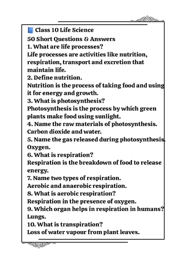 Class 10 Life Science 50 Important Short Question Answers (English & Hindi PDF)