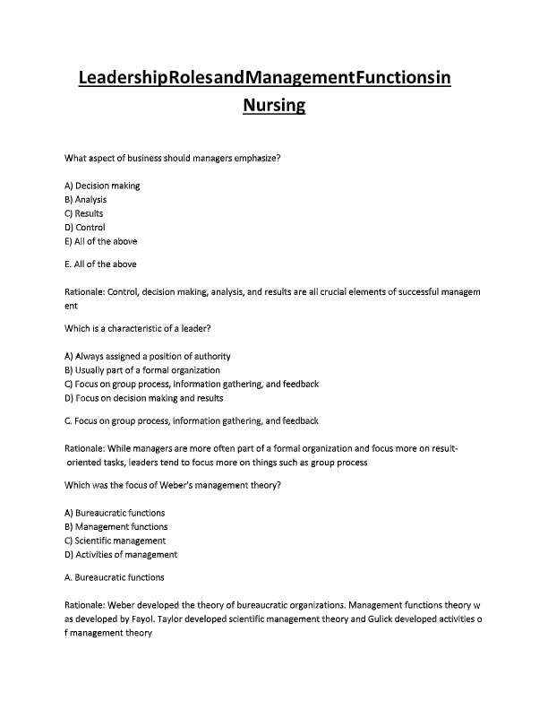 Leadership Roles & Management Functions in Nursing 9th Ed. Test Bank | Marquis & Huston | 2025