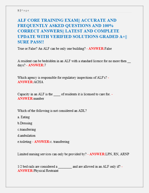 ALF CORE TRAINING EXAM|| ACCURATE AND  FREQUENTLY ASKED QUESTIONS AND 100%  CORRECT ANSWERS|| LATEST