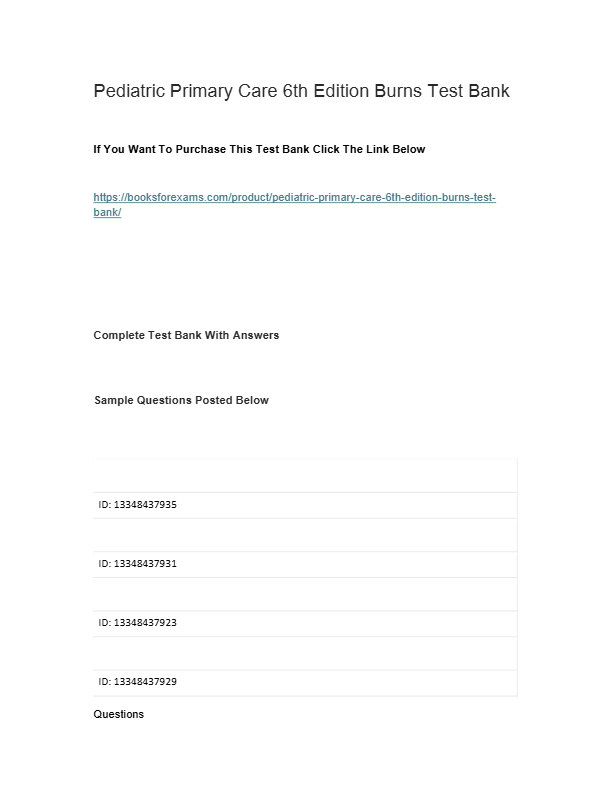 Pediatric Primary Care 6th Edition Test Bank – Chapters 1–44 | Burns, Dunn, Brady