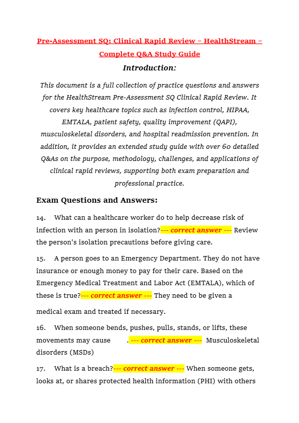 Pre-Assessment SQ: Clinical Rapid Review – HealthStream – Complete Q&A Study Guide