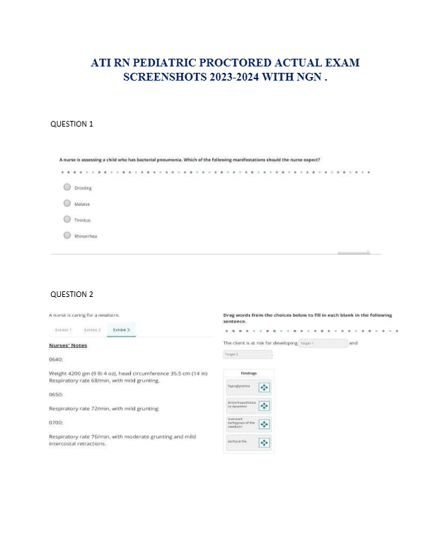 ATI RN PEDIATRIC PROCTORED ACTUAL EXAM  SCREENSHOTS 2023-2024 WITH NGN .