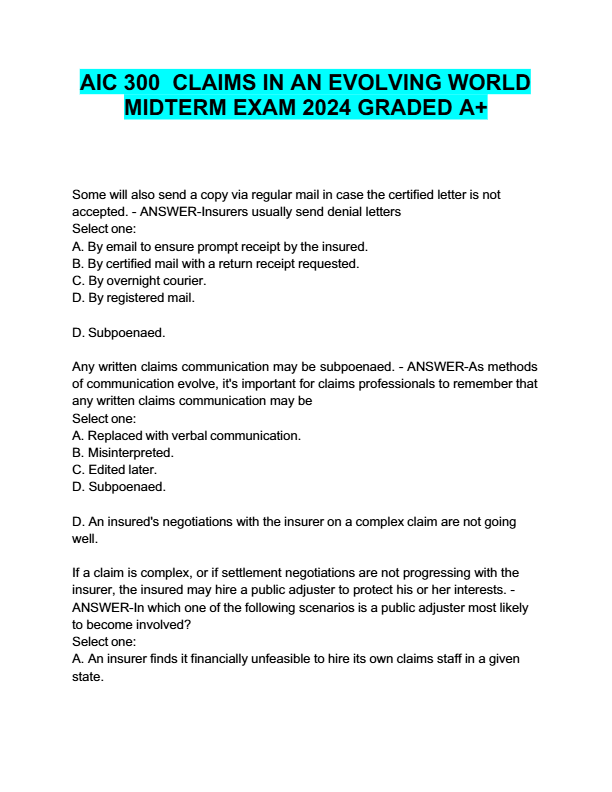 AIC 300 Claims in an Evolving World Exam 2025: Questions & Verified Answers – Graded A+