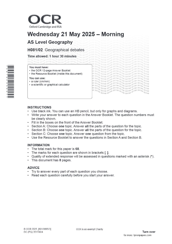 OCR AS Level Geography H081/02 Geographical debates JUNE 2025