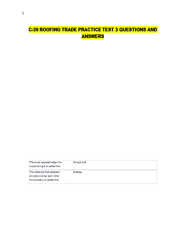C-39 ROOFING TRADE PRACTICE TEST 3 QUESTIONS AND  ANSWERS