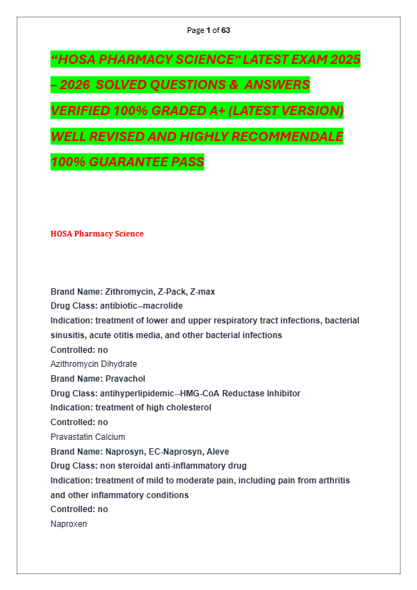 “HOSA PHARMACY SCIENCE” LATEST EXAM 2025 – 2026  SOLVED QUESTIONS &  ANSWERS  VERIFIED 100% GRADED A